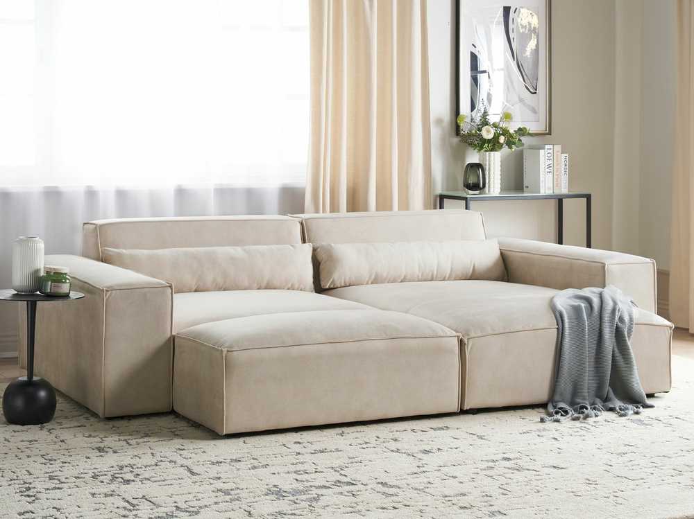 Beliani Modulinė 3 vietų kampinė sofa HELLNAR su otomana, veliūras, šviesiai smėlio spalvos, kairinė