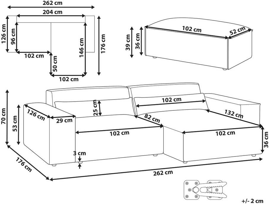 Beliani Trijų vietų modulinė sofa HELLNAR kairinė, pilka su otomane