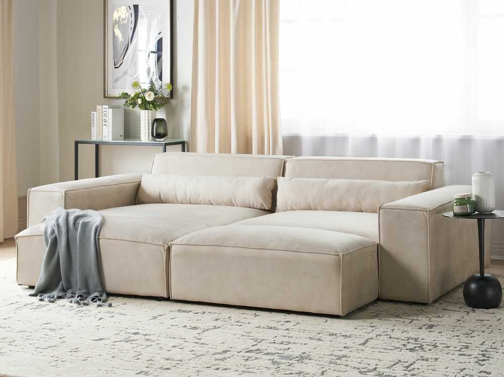 Beliani Modulinė 3 vietų kampinė sofa HELLNAR su ottomane, veliūrinė, šviesiai smėlio spalvos, dešininė