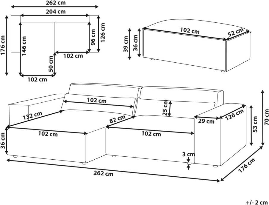 Beliani Modulinė 3 vietų kampinė sofa HELLNAR dešininė, pilka su otomane