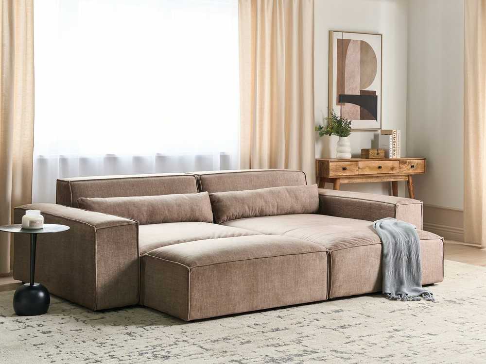 Beliani HELLNAR modulinė kampinė sofa 3 vietų su pufu, šviesiai ruda, kairinė