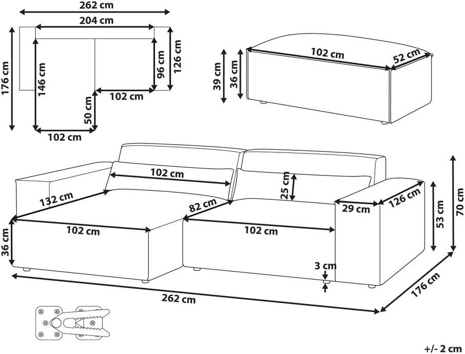 Beliani Modulinė 3 vietų kampinė sofa HELLNAR dešininė, pilka su otomane