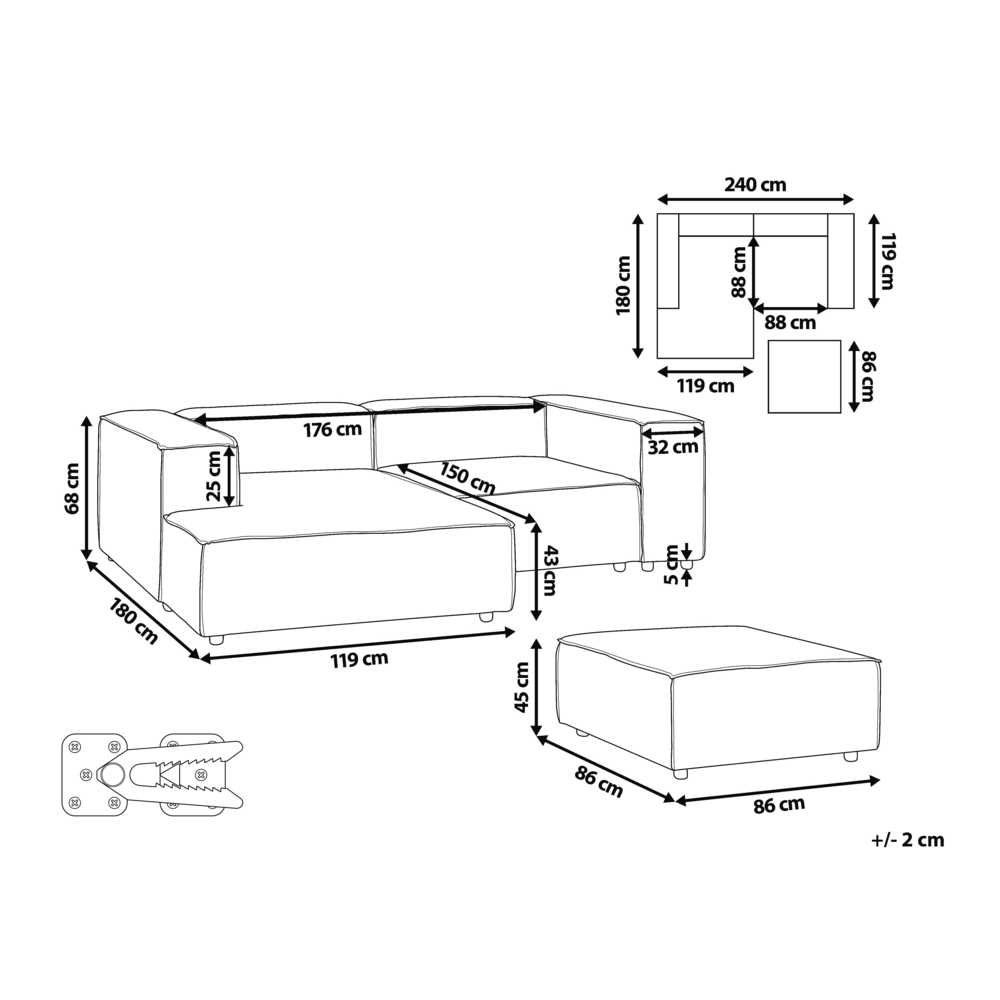 Beliani Trijų vietų modulinė kampinė sofa ARDAL dešininė, šviesiai ruda, velvetas su otomanu