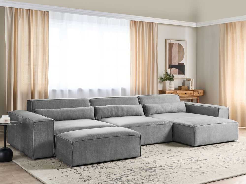 Beliani 5 vietų modulinė kampinė sofa HELLNAR kairinė pilka su otomana