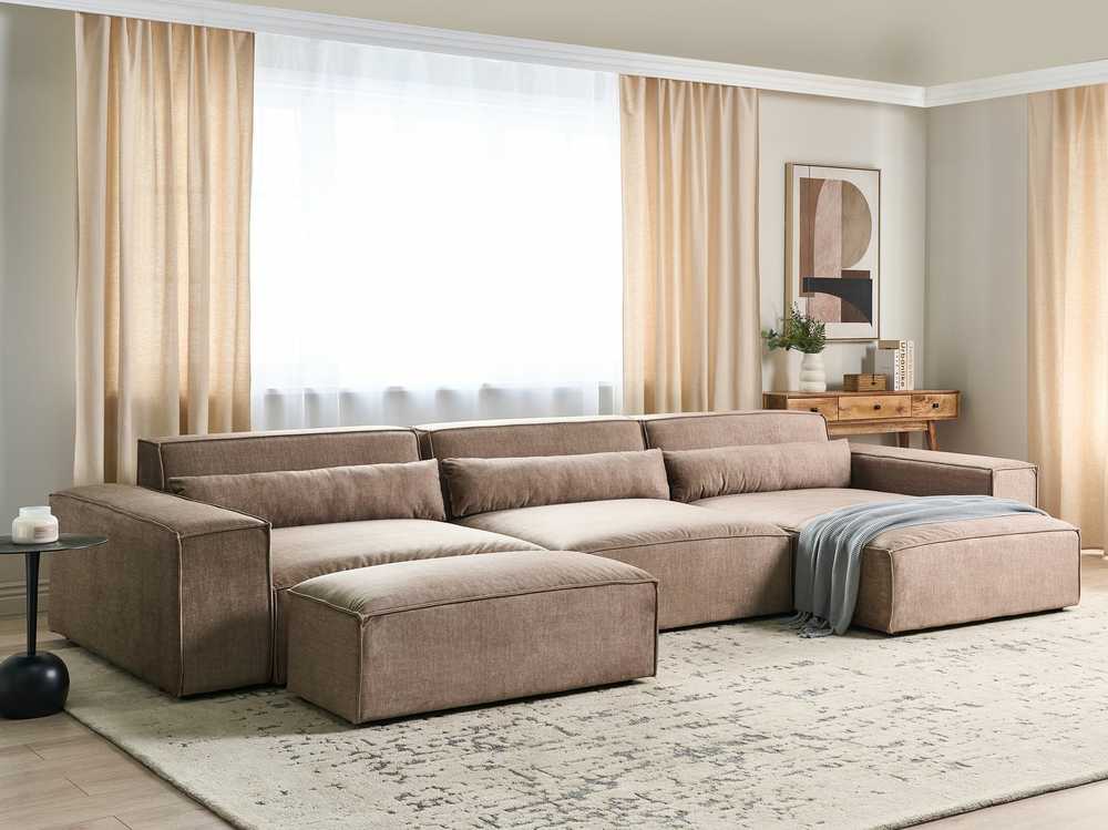 Beliani Modulinė kampinė sofa 4 asmenims HELLNAR su otomana, šviesiai ruda, kairinė
