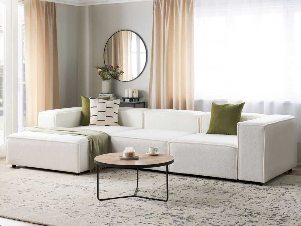 Beliani Modulinė 4 vietų kampinė sofa ARDAL Boucle, laužyta balta, dešinės pusės