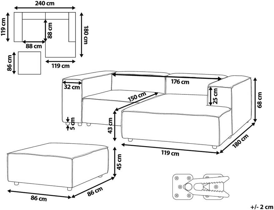 Beliani Modulinė 3 vietų kairinė sofa ARDAL šviesiai ruda su otomanu iš velveto