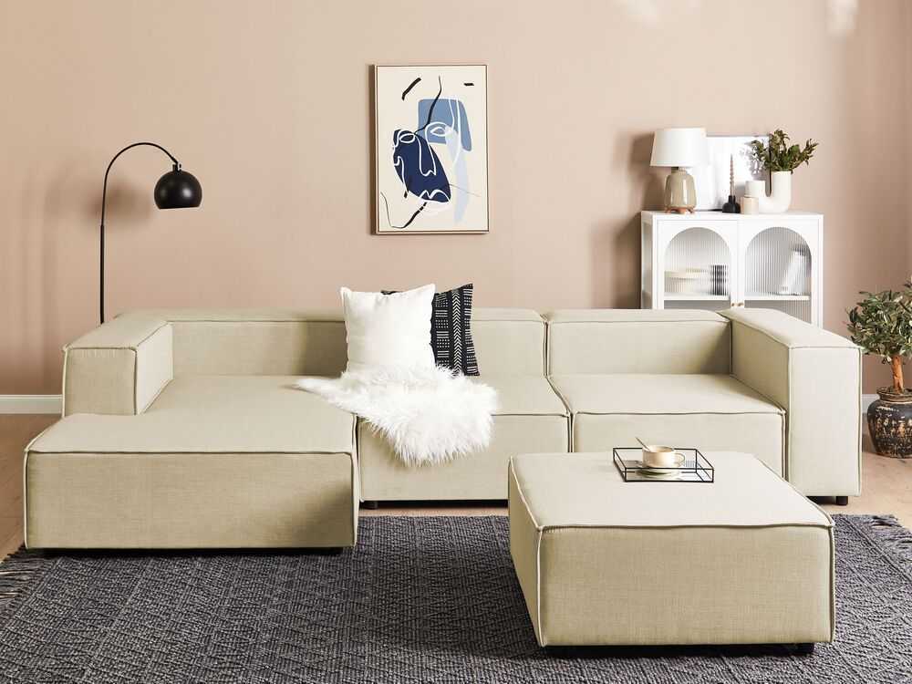 Beliani Trijų vietų modulinė kampinė sofa APRICA, sintetinio lino audinys, smėlio spalvos, su dešinine otomane