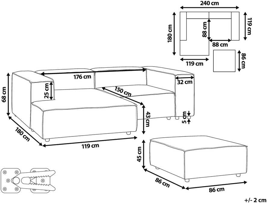 Beliani Trijų vietų modulinė kampinė sofa ARDAL dešininė, šviesiai ruda, velvetas su otomanu