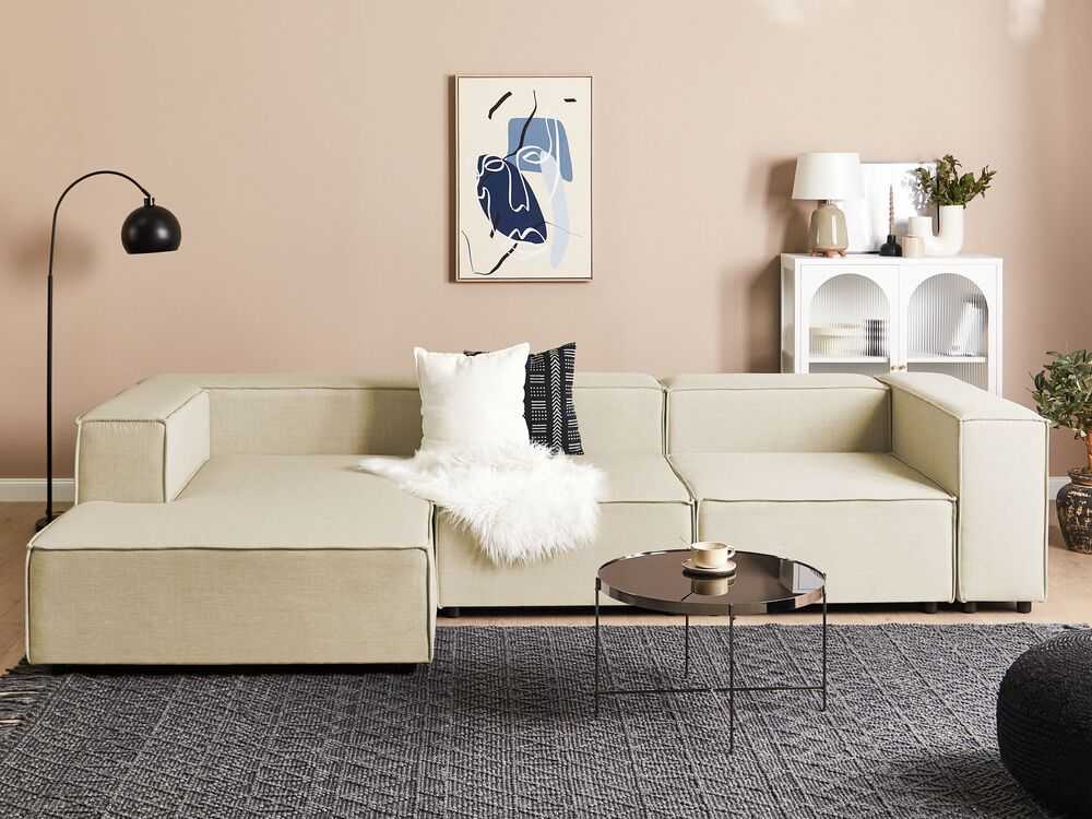 Beliani Modulinė 3 vietų sofa APRICA iš sintetinio lino, smėlio spalvos, dešininė