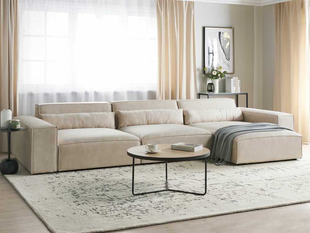 Beliani Modulinė kampinė sofa 4 asmenims HELLNAR, veliūras, šviesiai smėlio spalvos, kairinė