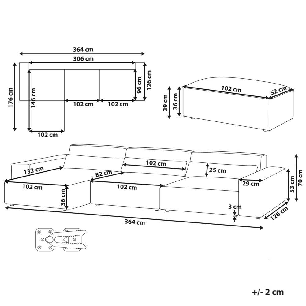 Beliani Modulinė 5 vietų kampinė sofa „HELLNAR“, dešininė, pilka, su otomanu