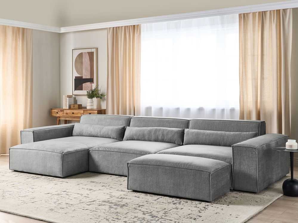 Beliani Modulinė 5 vietų kampinė sofa „HELLNAR“, dešininė, pilka, su otomanu