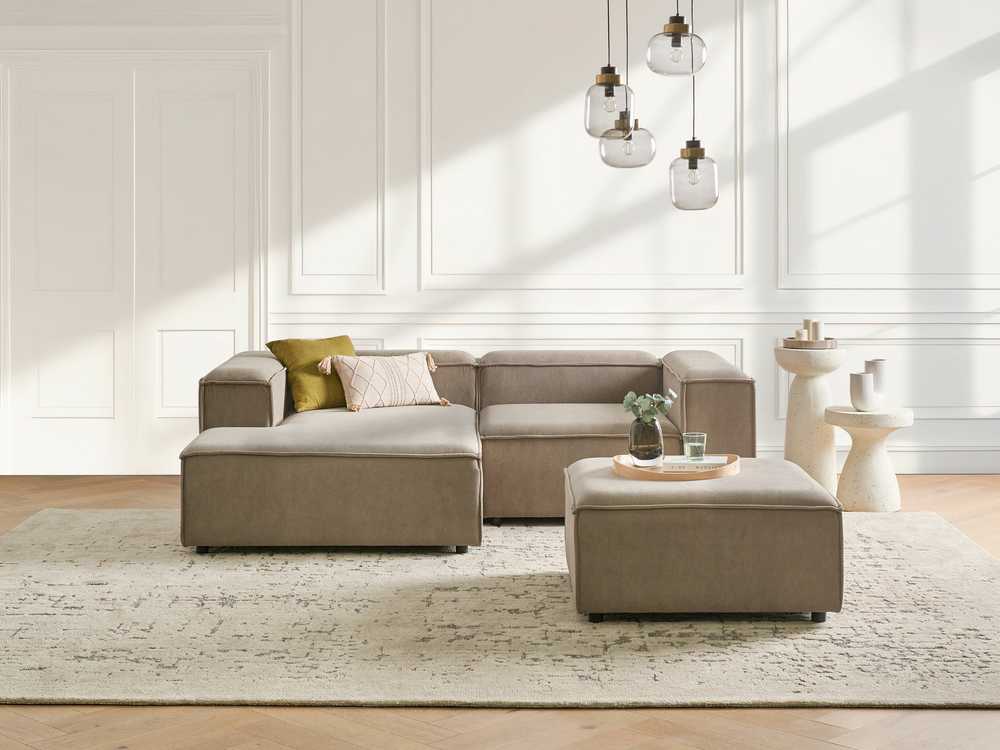 Beliani Trijų vietų modulinė kampinė sofa ARDAL dešininė, šviesiai ruda, velvetas su otomanu