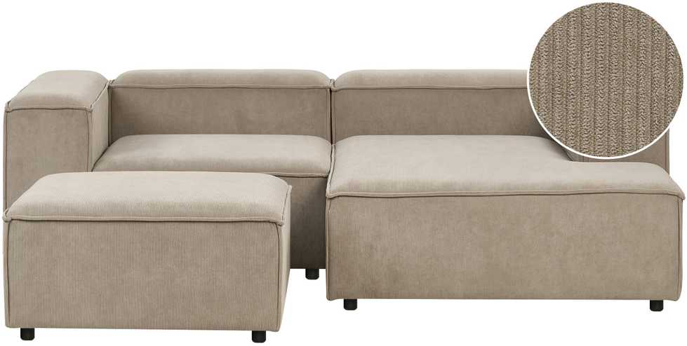 Beliani Modulinė 3 vietų kairinė sofa ARDAL šviesiai ruda su otomanu iš velveto