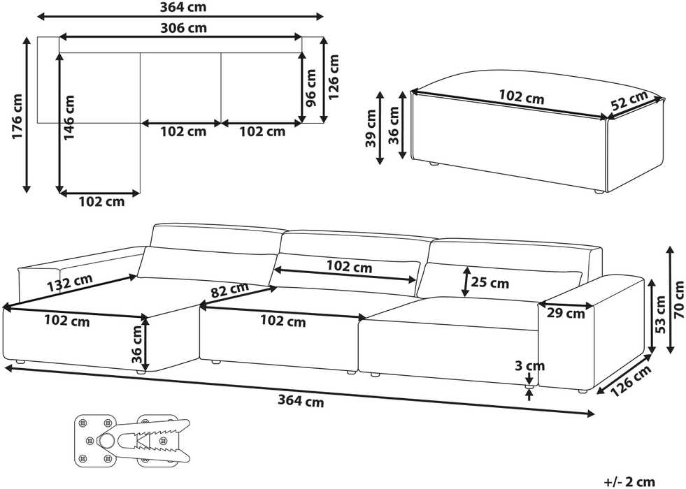 Beliani Modulinė 5 vietų kampinė sofa „HELLNAR“, dešininė, pilka, su otomanu