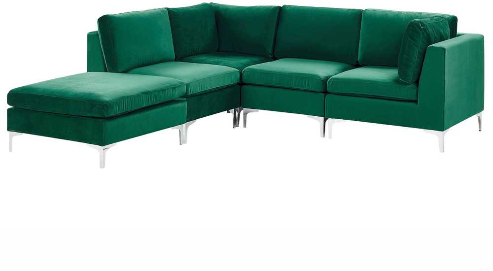 Beliani 4 vietų modulinė sofa EVJA, dešininė, žalia veliūrinė, su otomane