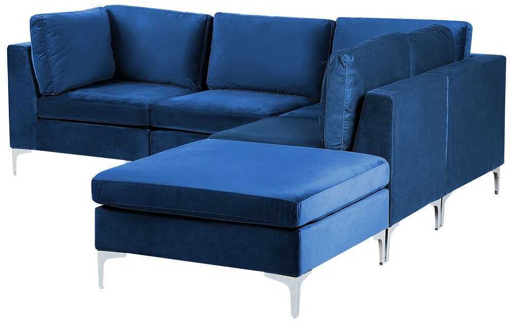 Beliani EVJA modulinė kampinė sofa 4 vietų su pufu, veliūras, tamsiai mėlyna, kairinė