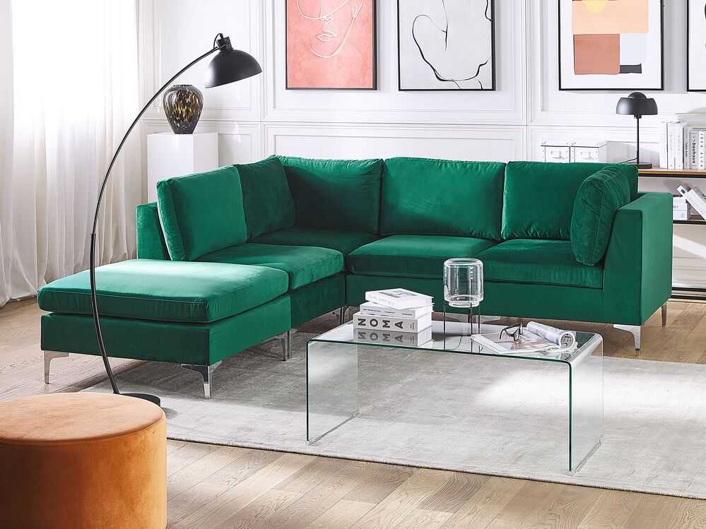 Beliani 4 vietų modulinė sofa EVJA, dešininė, žalia veliūrinė, su otomane