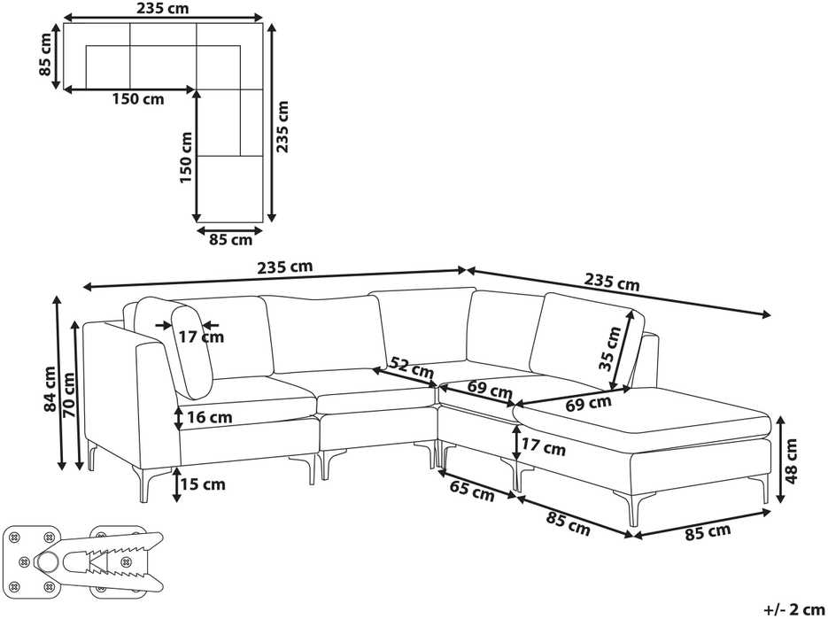 Beliani 4 vietų modulinė kampinė sofa EVJA kairinė, žalias veliūras su otomanu