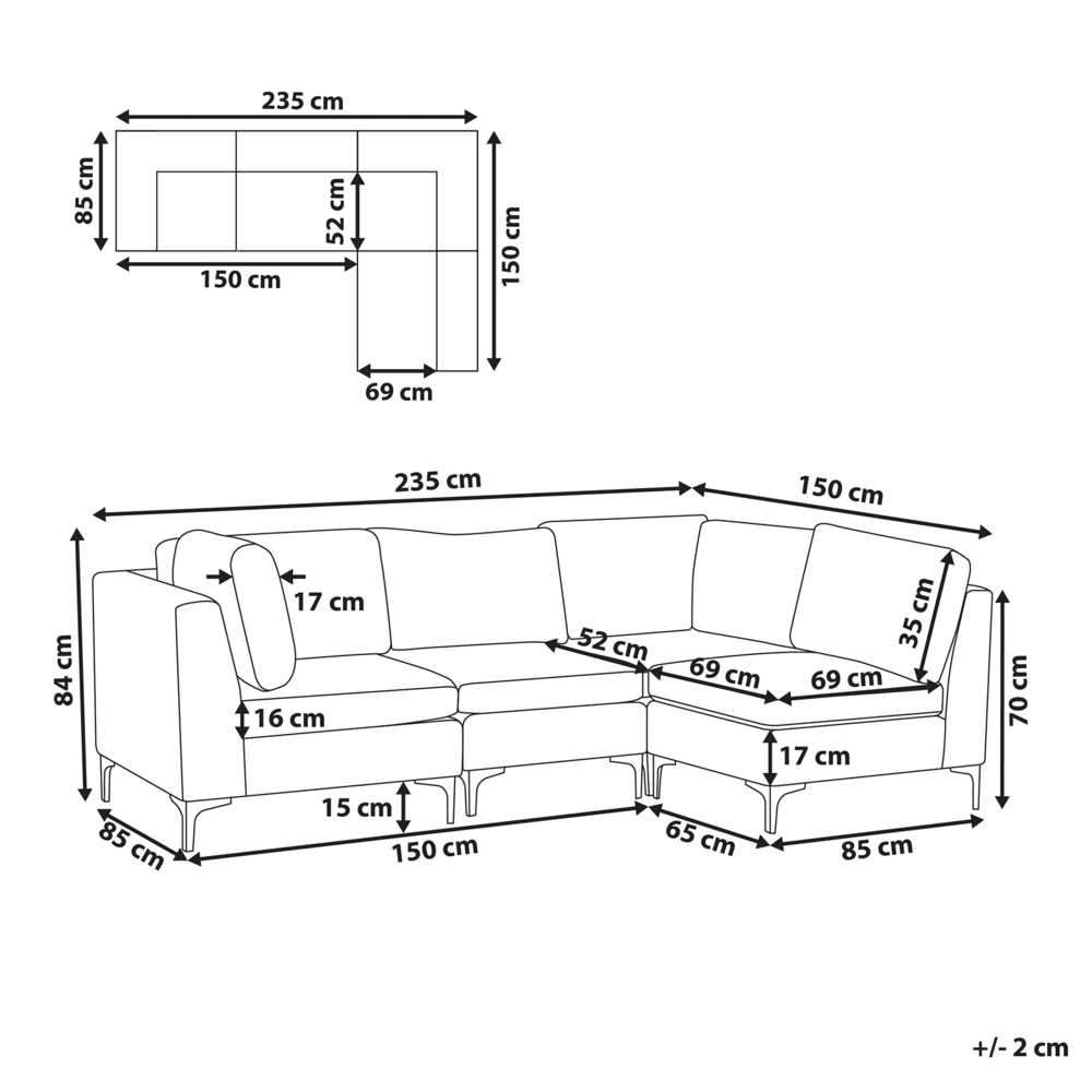 Beliani 4 vietų modulinė kampinė sofa EVJA, kairinė, pilkas veliūras