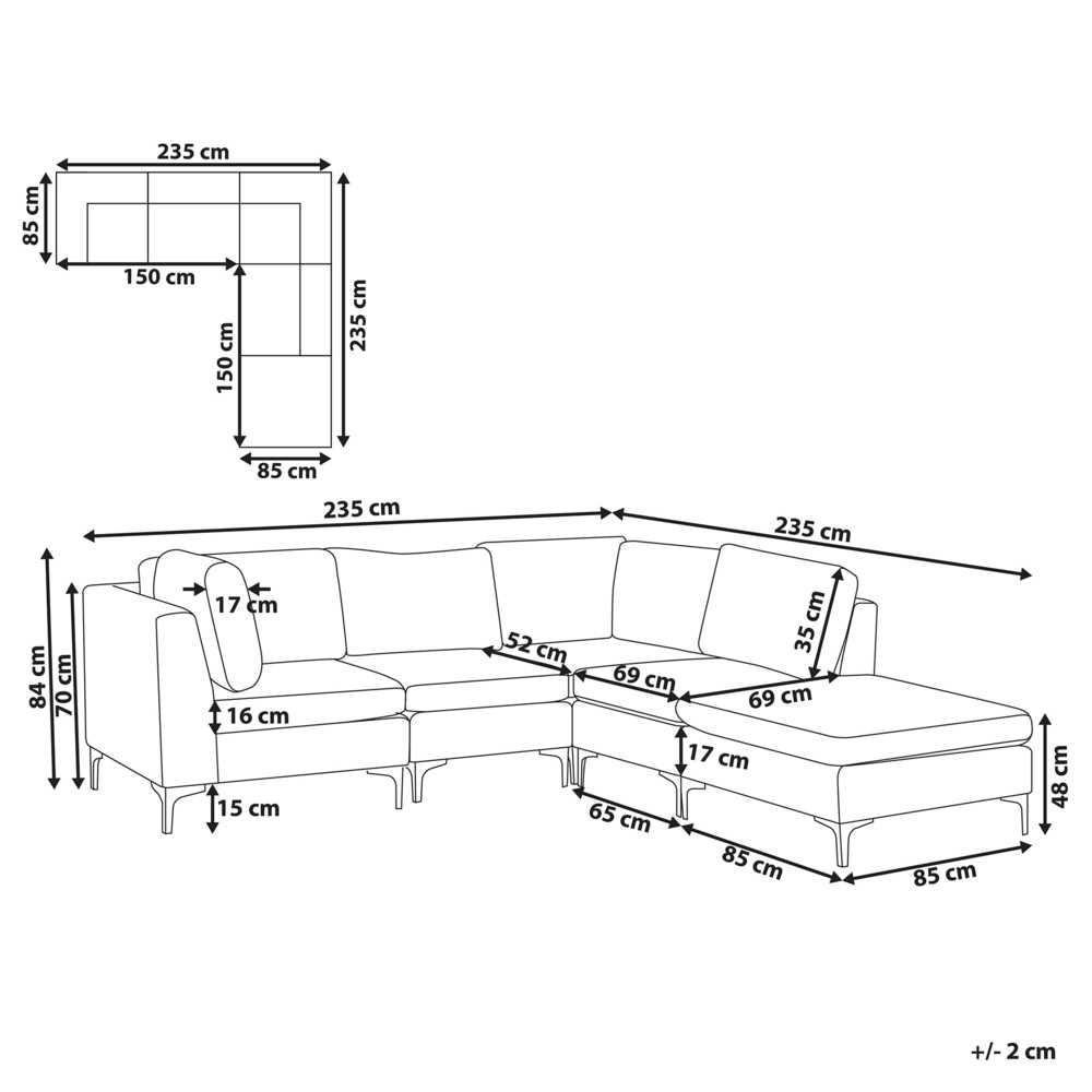 Beliani 4 vietų modulinė sofa EVJA, kairinė, pilkas veliūras su otomane
