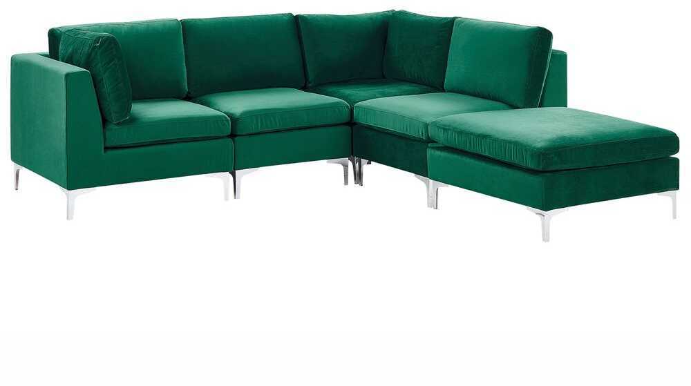 Beliani 4 vietų modulinė kampinė sofa EVJA kairinė, žalias veliūras su otomanu