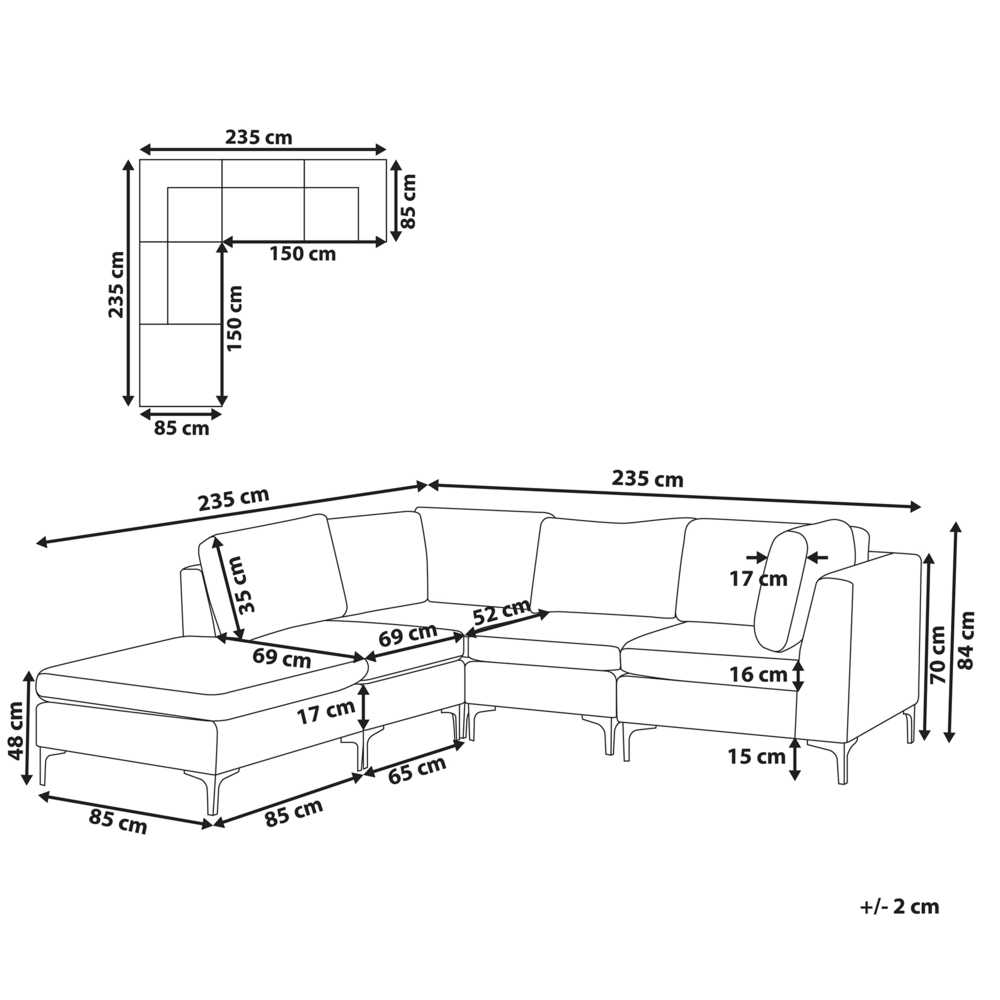 Beliani 4 vietų modulinė sofa EVJA, dešininė, pilka, veliūrinė, su otomane