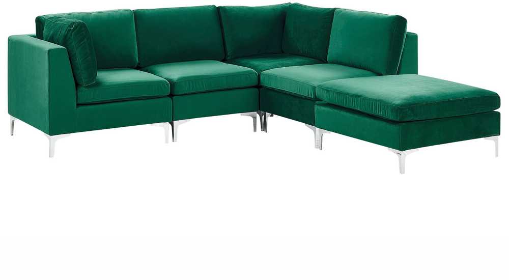 Beliani 4 vietų modulinė kampinė sofa EVJA kairinė, žalias veliūras su otomanu