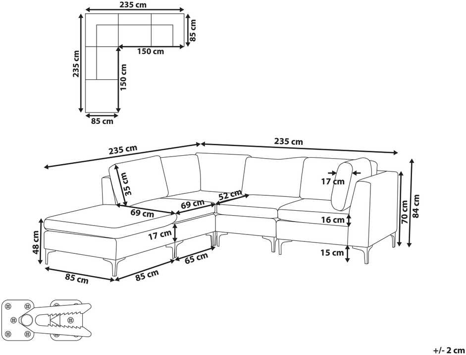 Beliani 4 vietų modulinė sofa EVJA, dešininė, žalia veliūrinė, su otomane
