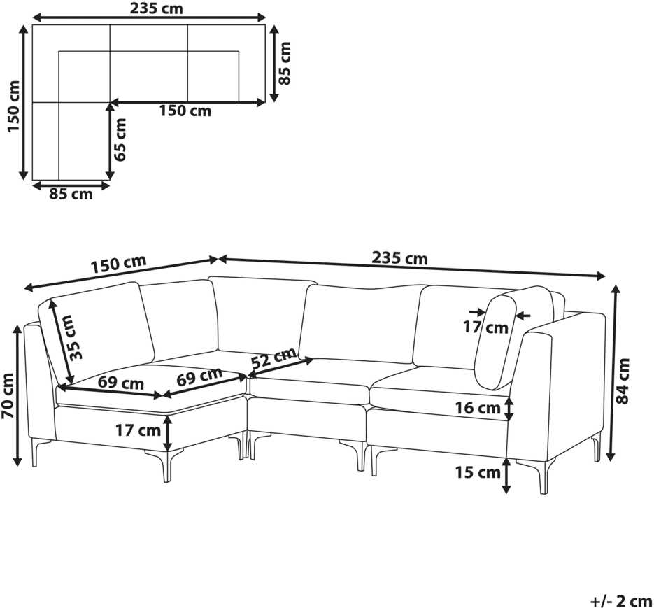 Beliani 4 vietų modulinė sofa EVJA dešininė pilka veliūrinė