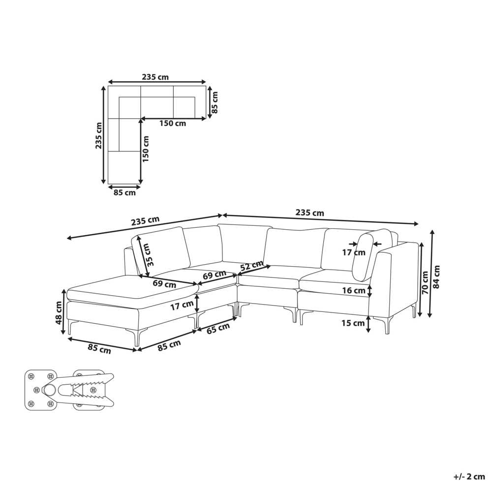 Beliani 4 vietų modulinė sofa EVJA, dešininė, žalia veliūrinė, su otomane