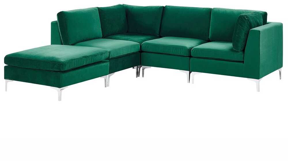 Beliani 4 vietų modulinė sofa EVJA, dešininė, žalia veliūrinė, su otomane