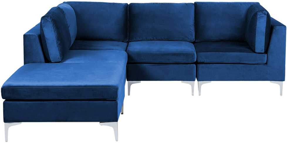 Beliani EVJA modulinė kampinė sofa 4 asmenims su pufu, aksominė, tamsiai mėlyna, dešininė