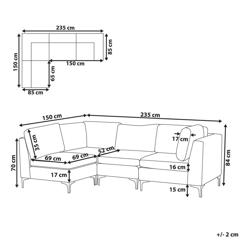 Beliani 4 vietų modulinė sofa EVJA dešininė pilka veliūrinė