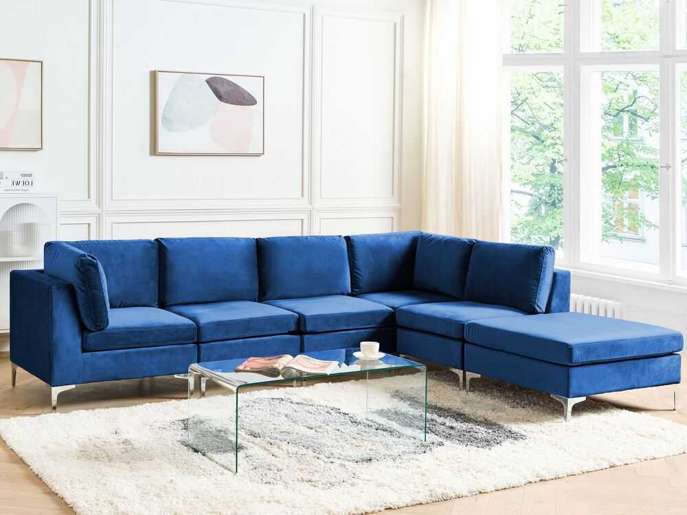 Sofa Beliani EVJA modulinis kampas 5 asmenims su pufu, tamsiai mėlynas veliūras, kairinis