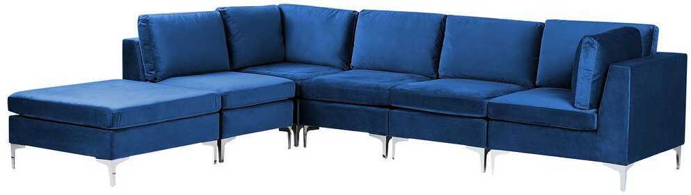 Beliani EVJA modulinė kampinė sofa 5 asmenims su pufu, mėlynas veliūras, dešininė