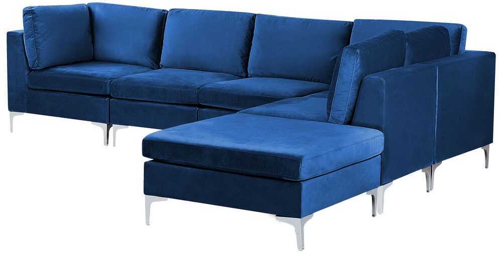 Sofa Beliani EVJA modulinis kampas 5 asmenims su pufu, tamsiai mėlynas veliūras, kairinis