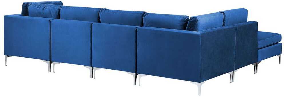 Beliani EVJA modulinė kampinė sofa 5 asmenims su pufu, mėlynas veliūras, dešininė