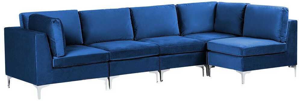 Beliani EVJA modulinė kampinė sofa 5 asmenims, tamsiai mėlyno veliūro, kairinė