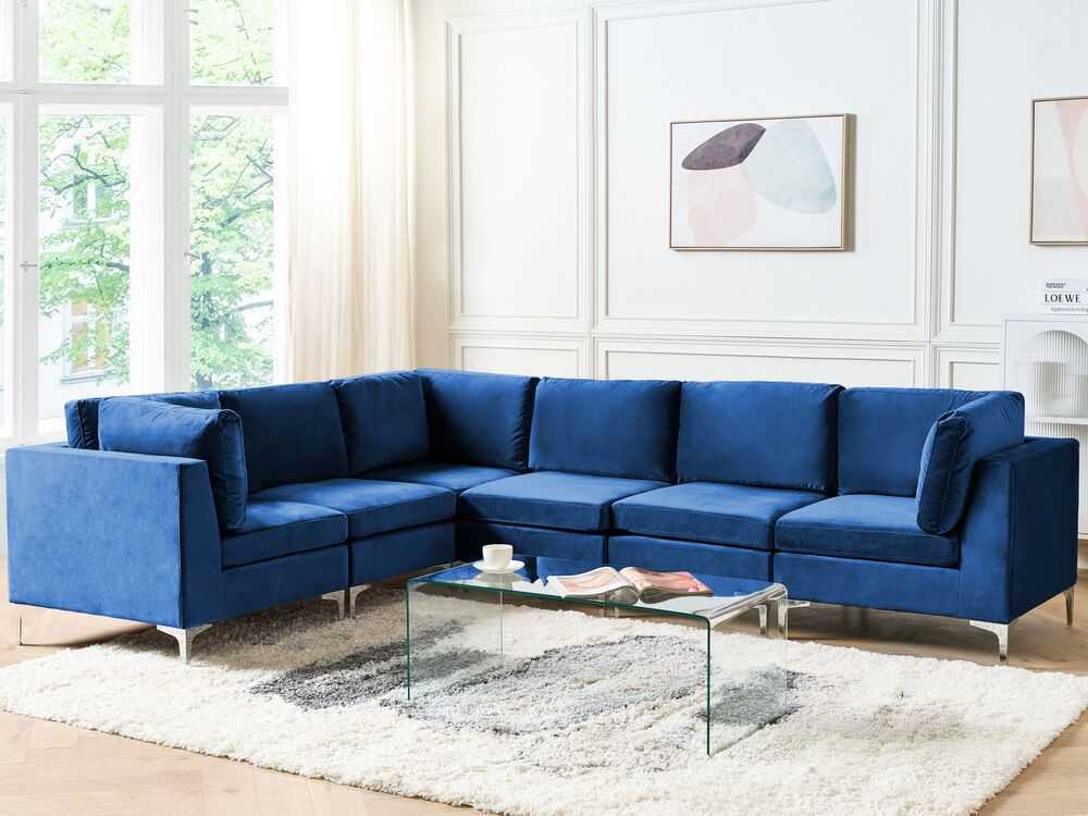 Beliani EVJA modulinė kampinė sofa 6 asmenims, mėlynas aksomas, dešininė