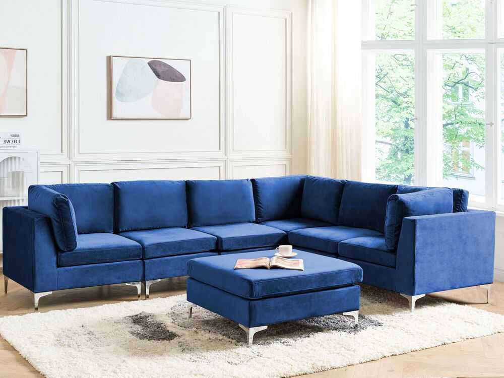 Beliani 6 vietų modulinė kampinė sofa EVJA su pufu, tamsiai mėlynas veliūras, kairinė
