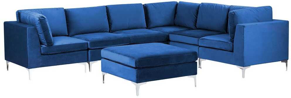 Beliani 6 vietų modulinė kampinė sofa EVJA su pufu, tamsiai mėlynas veliūras, kairinė