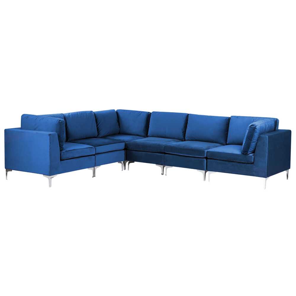 Beliani EVJA modulinė kampinė sofa 6 asmenims, mėlynas aksomas, dešininė