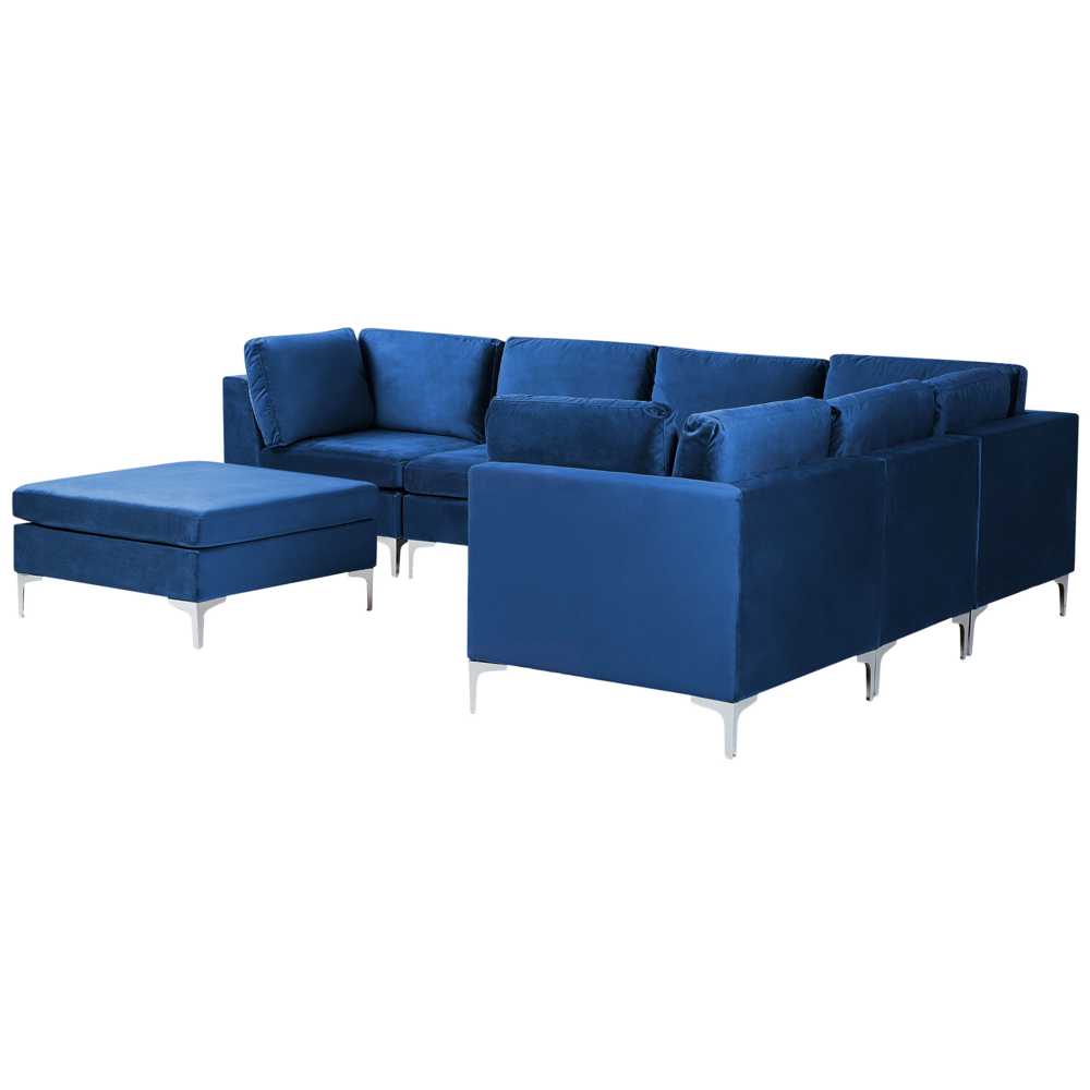 Beliani 6 vietų modulinė kampinė sofa EVJA su pufu, tamsiai mėlynas veliūras, kairinė