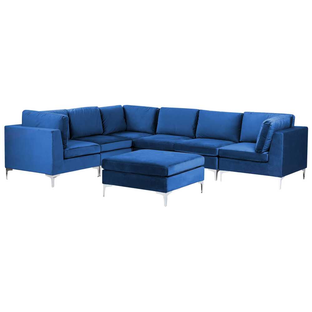 Beliani Modulinė kampinė sofa 6 vietų EVJA su otomana, tamsiai mėlynas veliūras, dešininė