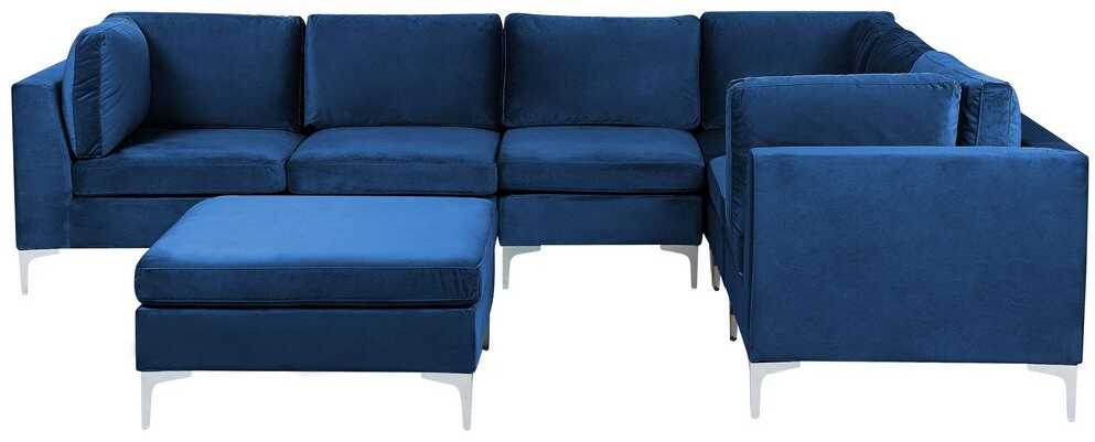 Beliani 6 vietų modulinė kampinė sofa EVJA su pufu, tamsiai mėlynas veliūras, kairinė