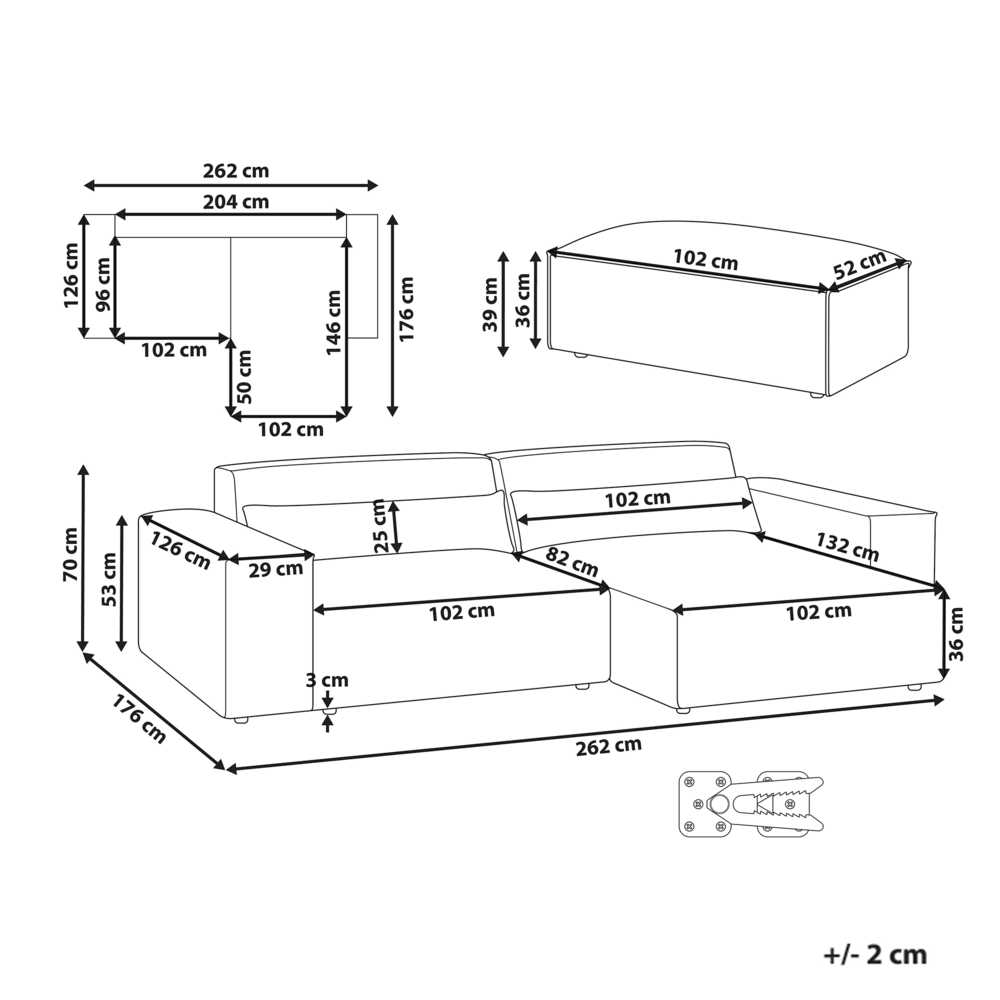 Beliani Trijų vietų modulinė sofa HELLNAR kairinė, pilka su otomane