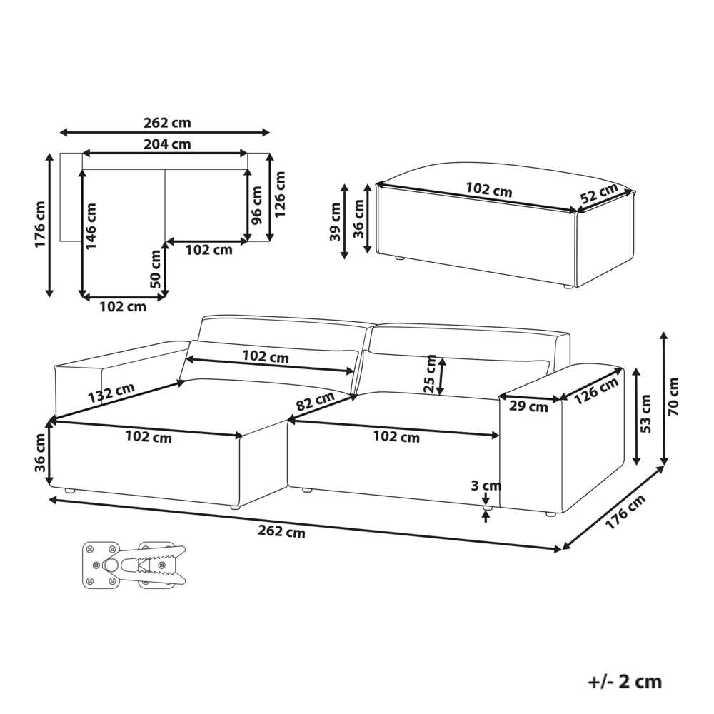 Beliani Modulinė 3 vietų kampinė sofa HELLNAR dešininė, pilka su otomane