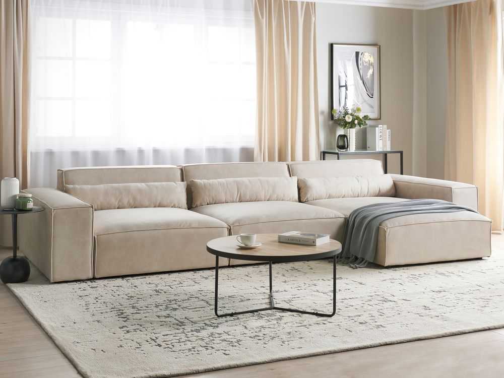 Beliani Modulinė kampinė sofa 4 asmenims HELLNAR, veliūras, šviesiai smėlio spalvos, kairinė
